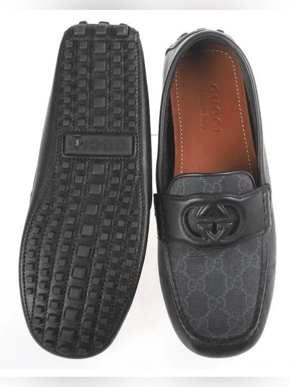 NEW GUCCI BLACK LEATHER NTELOCKING CUT OUT LOGO DRIVER MOCCASIN SHOES 6/US 6.5